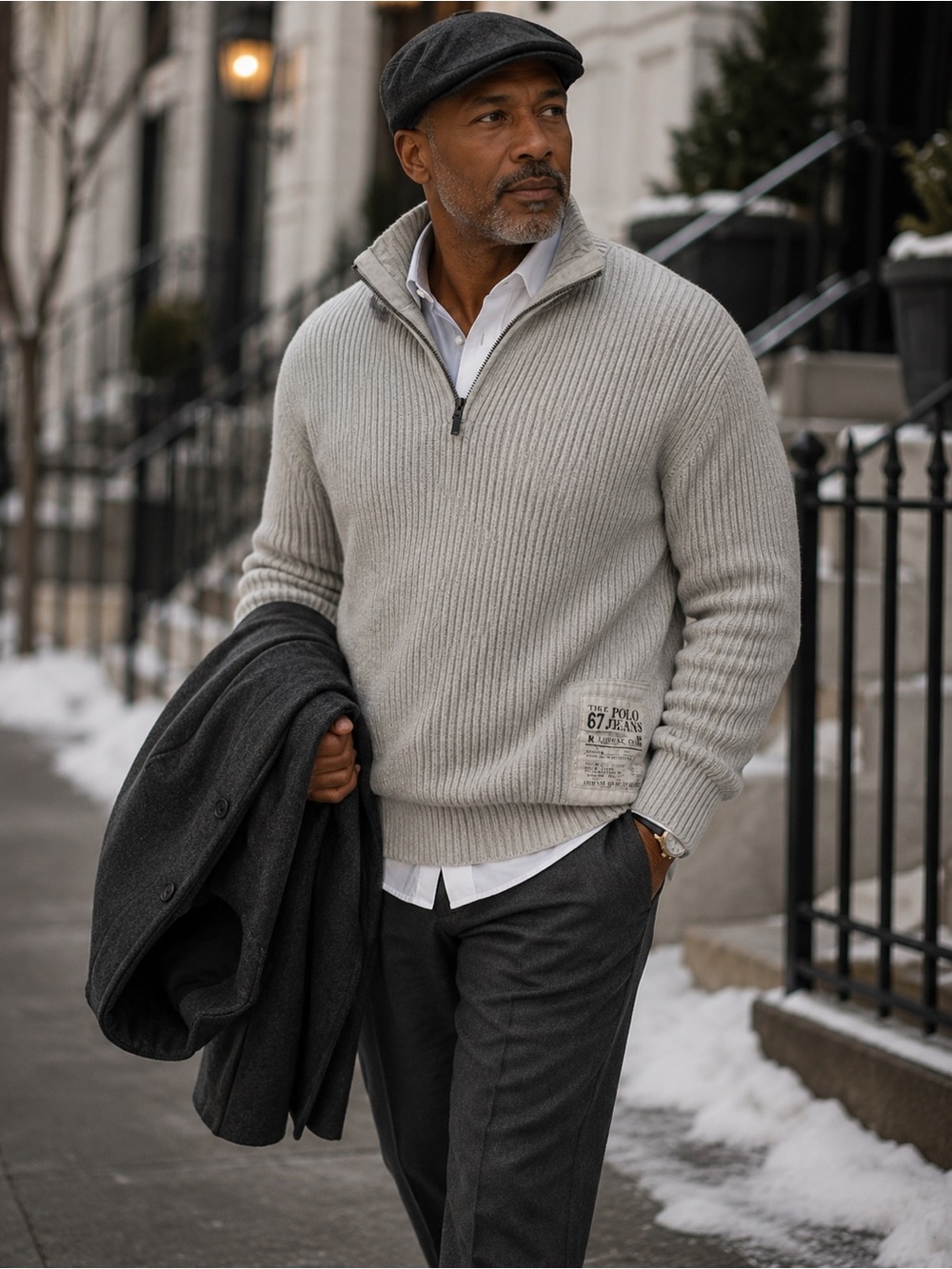Polo by Ralph Lauren Men's Light Gray Ribbed Quarter-Zip Sweater